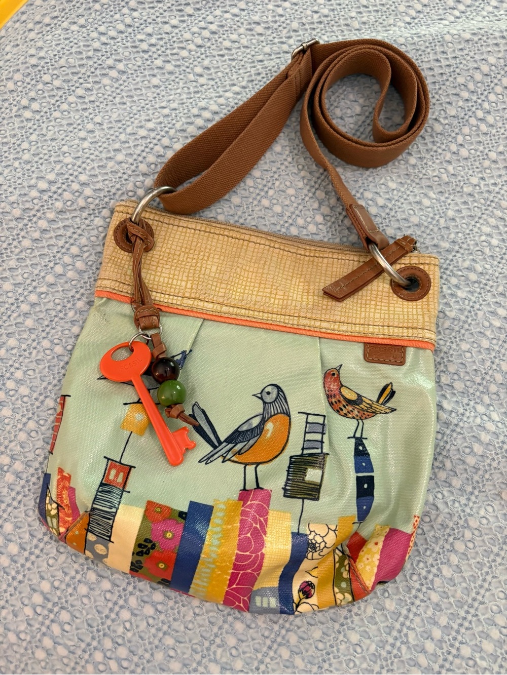 Fossil Key-Per City Birds Coated Canvas Crossbody Bag with Keychain Like New - Picture 3 of 15